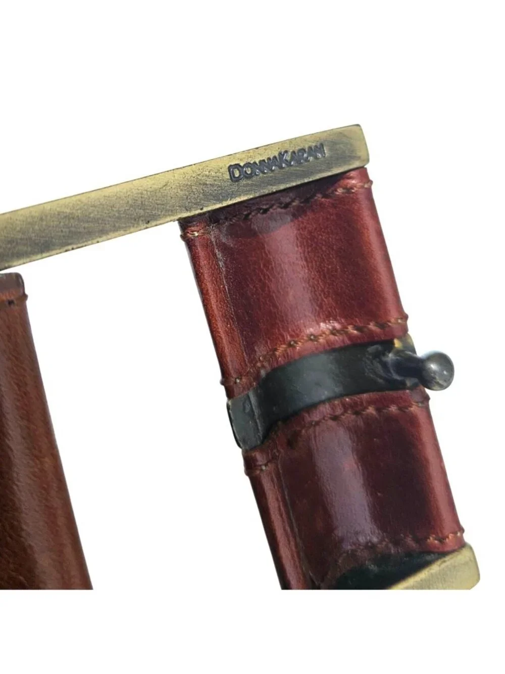 DKNY Donna Karan Wide Brown Leather Belt Brass Buckle Italy Sz L 31-36